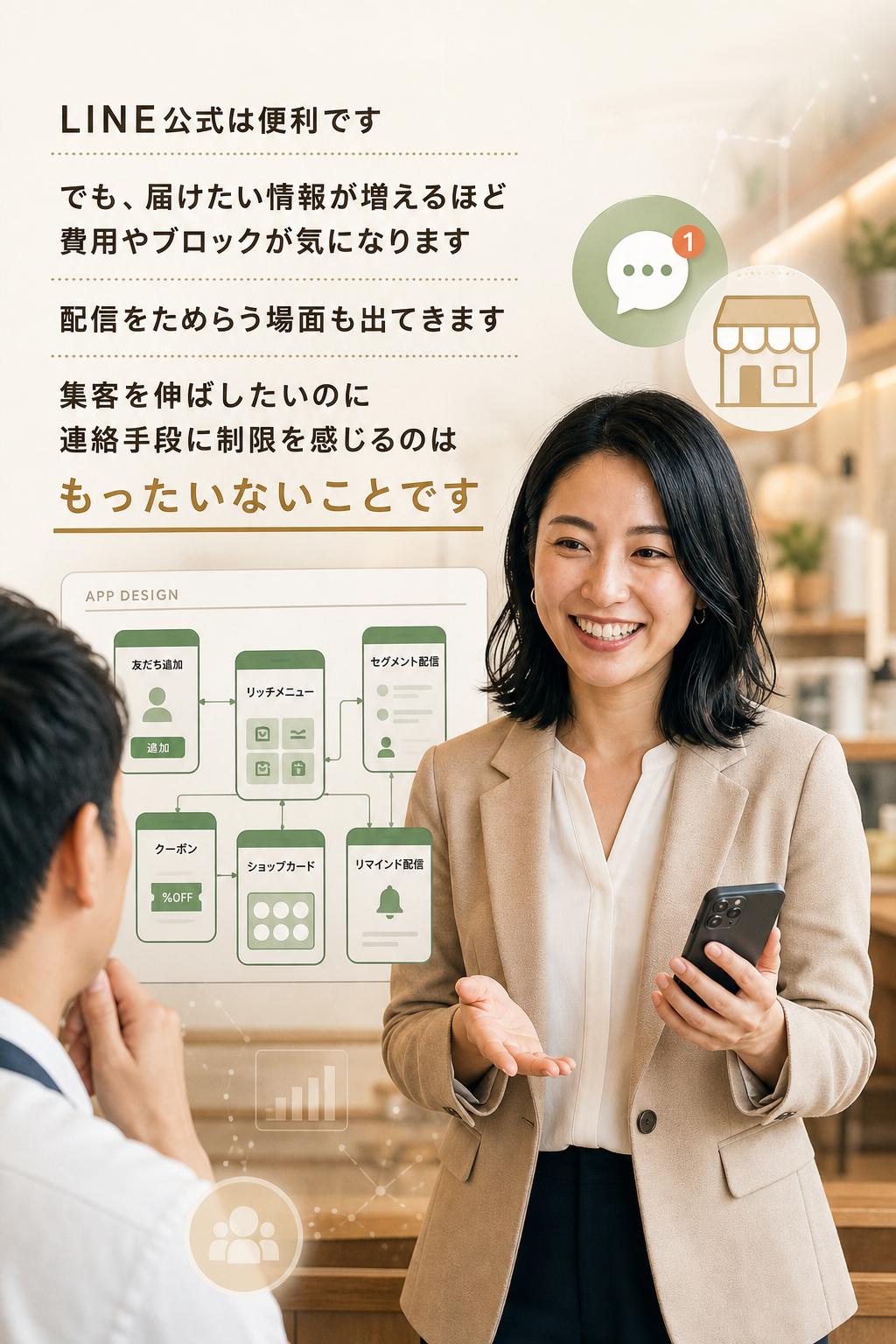 Affinity 共感・親近感。LINE公式は便利です。でも、届けたい情報が増えるほど費用やブロックが気になり、配信をためらう場面も出てきます。集客を伸ばしたいのに、連絡手段に制限を感じるのはもったいないことです。