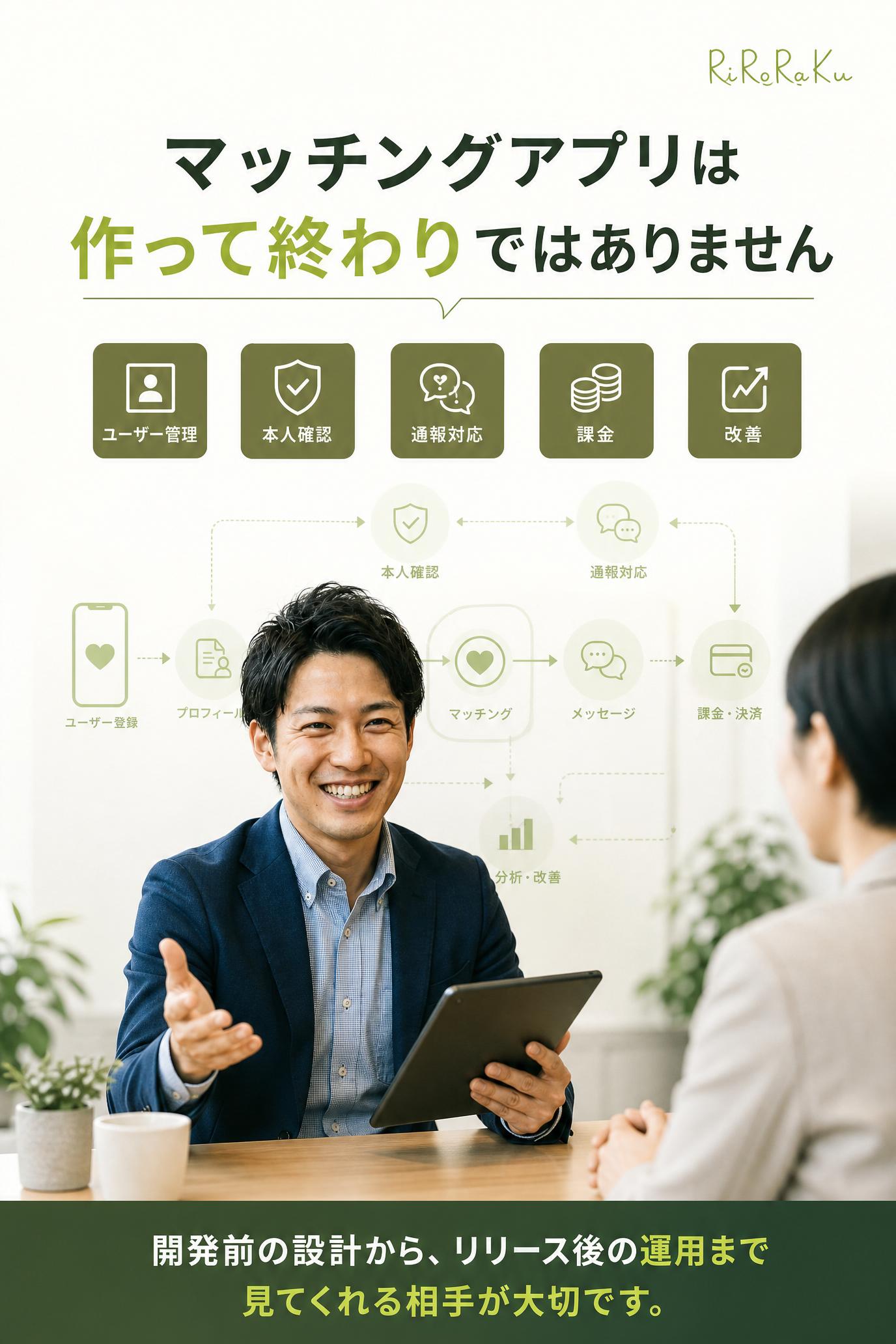 Affinity（共感）
マッチングアプリは、作って終わりではありません。
ユーザー管理、本人確認、通報対応、課金、改善まで必要です。
だからこそ、開発前の設計とリリース後の運用まで見てくれる相手が大切です。