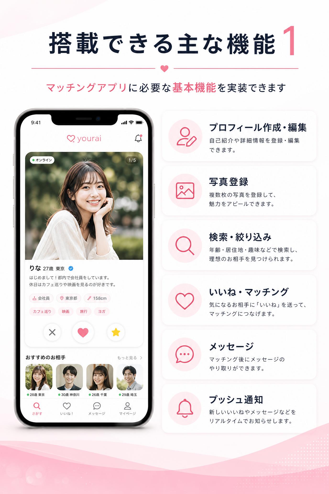 搭載できる主な機能 1
・プロフィール作成、編集
・写真登録
・検索、絞り込み
・いいね、マッチング
・メッセージ
・プッシュ通知